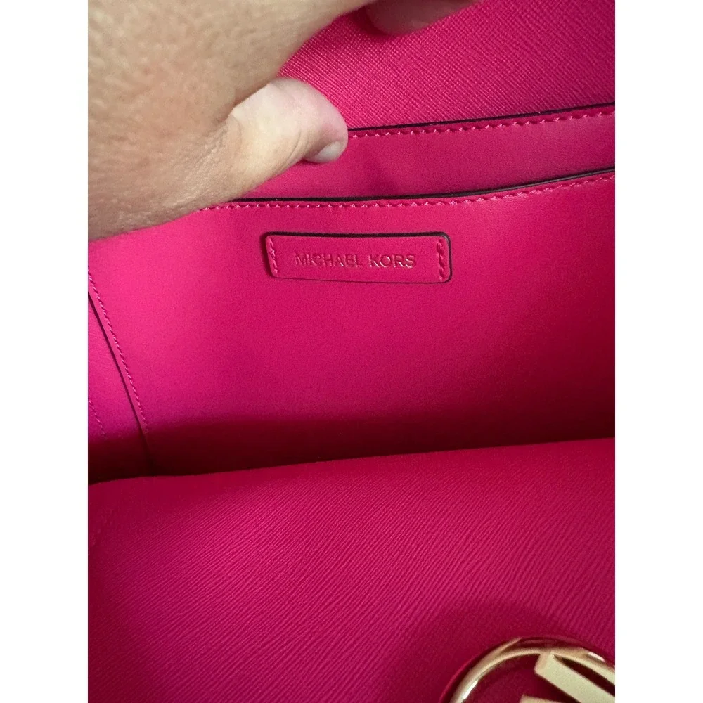 Michael Kors Hot Pink Saffiano Leather Tote Bag Gold Hardware MK Charm Shoulder